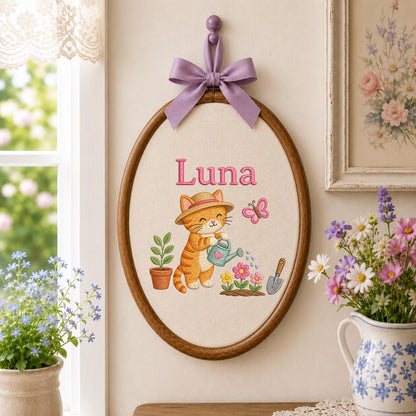 Custom Name Gardening Kitten Embroidered Oval Hoop Art, Cute Orange Tabby Cat Straw Hat Watering Flowers Baby Girl Wall Hanging Decor