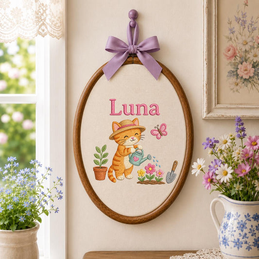 Custom Name Gardening Kitten Embroidered Oval Hoop Art, Cute Orange Tabby Cat Straw Hat Watering Flowers Baby Girl Wall Hanging Decor