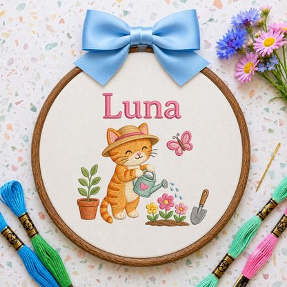 Custom Name Gardening Kitten Embroidered Oval Hoop Art, Cute Orange Tabby Cat Straw Hat Watering Flowers Baby Girl Wall Hanging Decor