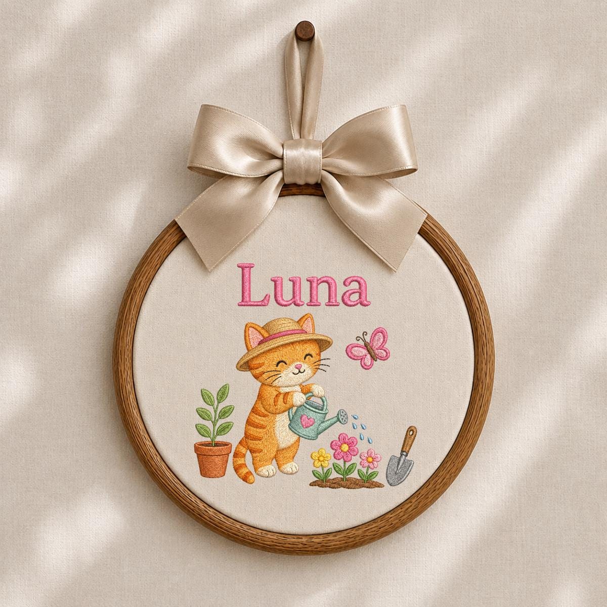 Custom Name Gardening Kitten Embroidered Oval Hoop Art, Cute Orange Tabby Cat Straw Hat Watering Flowers Baby Girl Wall Hanging Decor