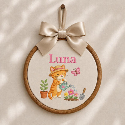 Custom Name Gardening Kitten Embroidered Oval Hoop Art, Cute Orange Tabby Cat Straw Hat Watering Flowers Baby Girl Wall Hanging Decor