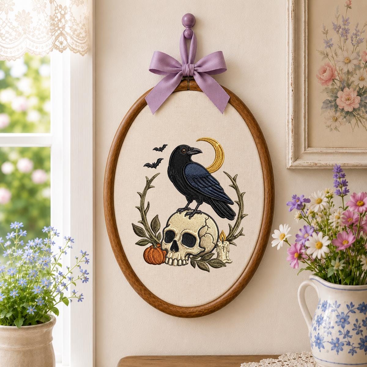 Spooky Black Crow on Skull Embroidered Oval Hoop Art, Gothic Witchy Raven Crescent Moon Pumpkin Wall Hanging Decor, Halloween Gift