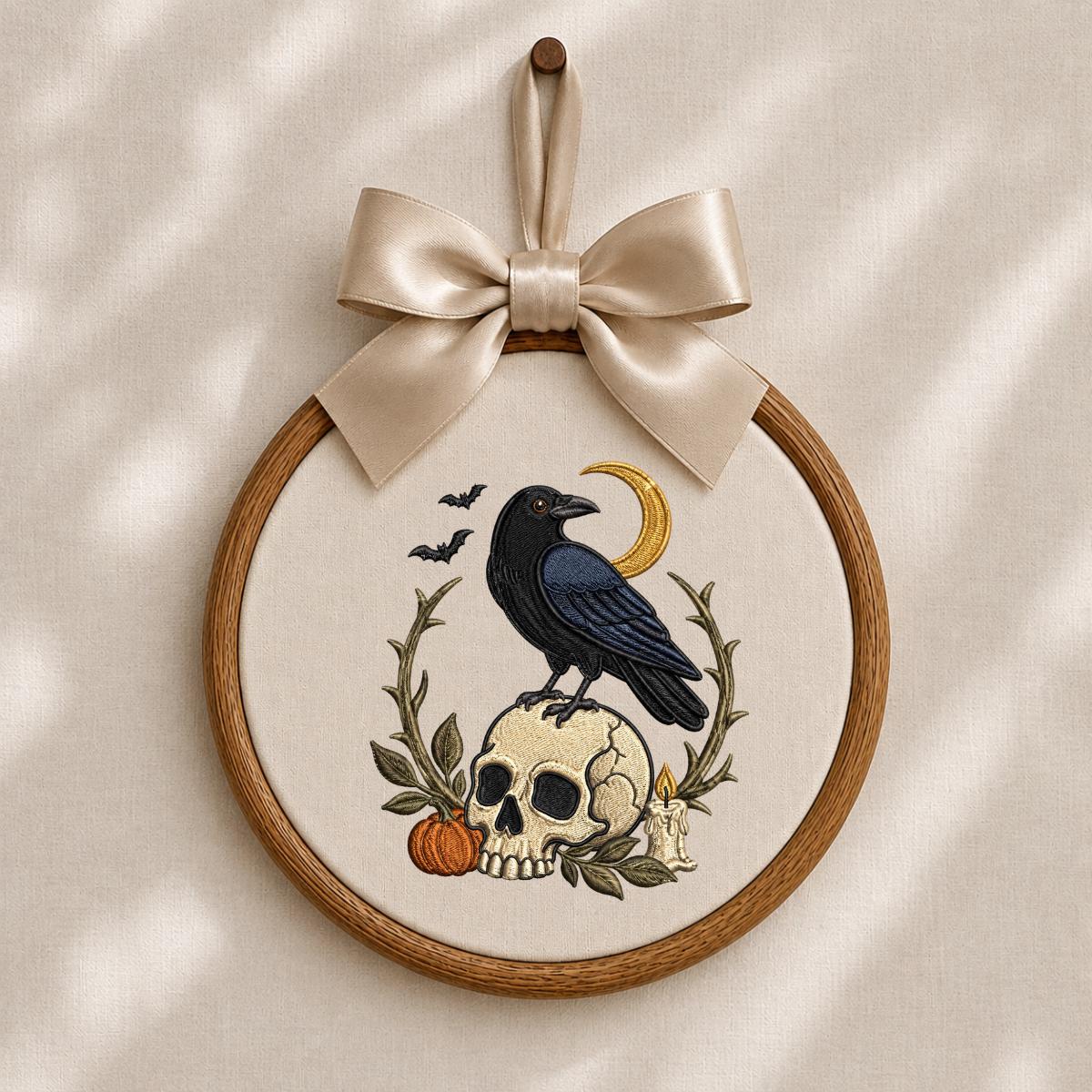 Spooky Black Crow on Skull Embroidered Oval Hoop Art, Gothic Witchy Raven Crescent Moon Pumpkin Wall Hanging Decor, Halloween Gift