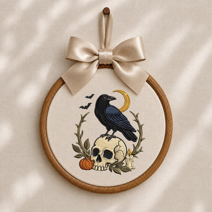 Spooky Black Crow on Skull Embroidered Oval Hoop Art, Gothic Witchy Raven Crescent Moon Pumpkin Wall Hanging Decor, Halloween Gift