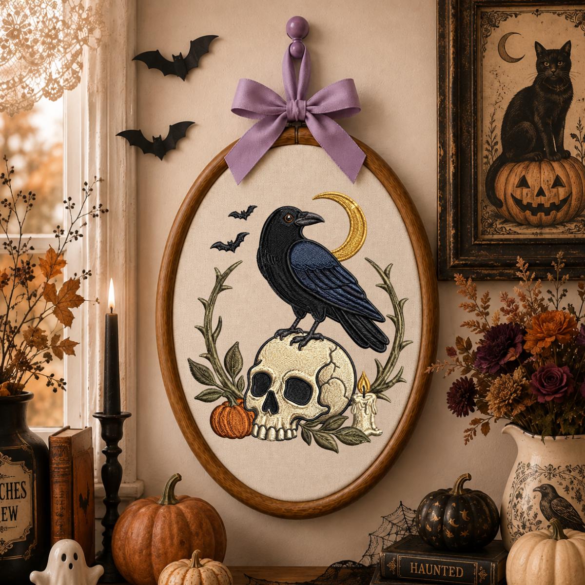Spooky Black Crow on Skull Embroidered Oval Hoop Art, Gothic Witchy Raven Crescent Moon Pumpkin Wall Hanging Decor, Halloween Gift