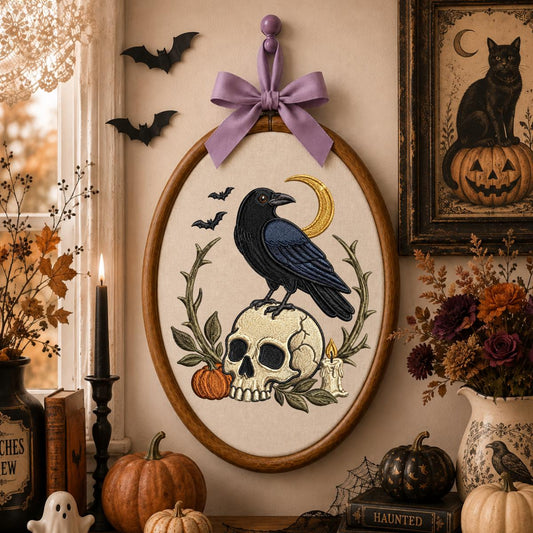 Spooky Black Crow on Skull Embroidered Oval Hoop Art, Gothic Witchy Raven Crescent Moon Pumpkin Wall Hanging Decor, Halloween Gift