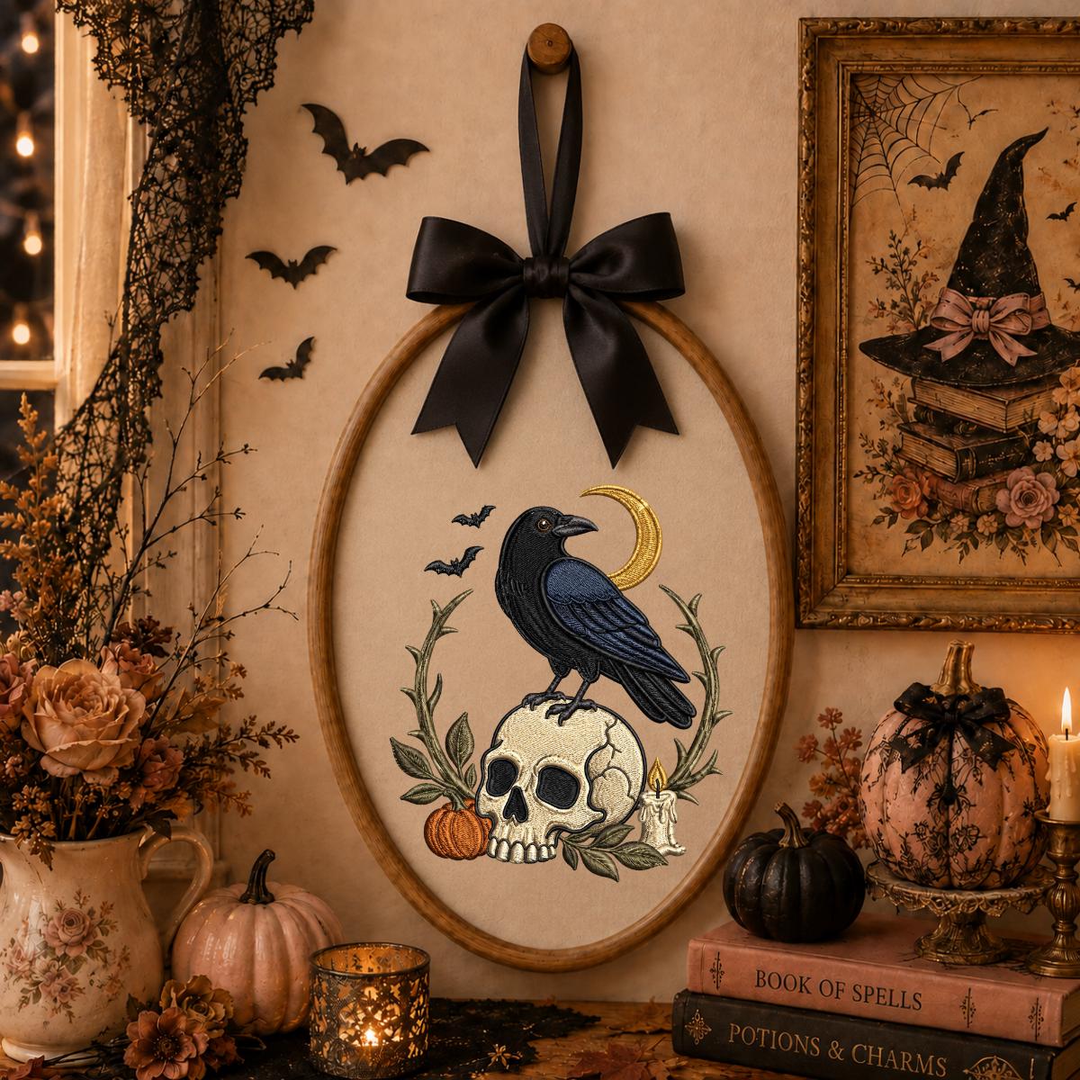 Spooky Black Crow on Skull Embroidered Oval Hoop Art, Gothic Witchy Raven Crescent Moon Pumpkin Wall Hanging Decor, Halloween Gift