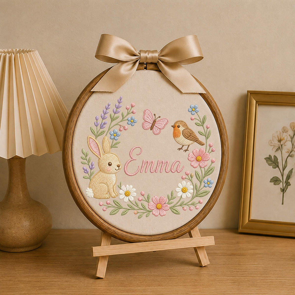 Personalized Embroidered Ornament, Bunny Name Hoop, Floral Woodland Nursery Decor, Baby Girl Gift, Rabbit Bird Butterfly Keepsake