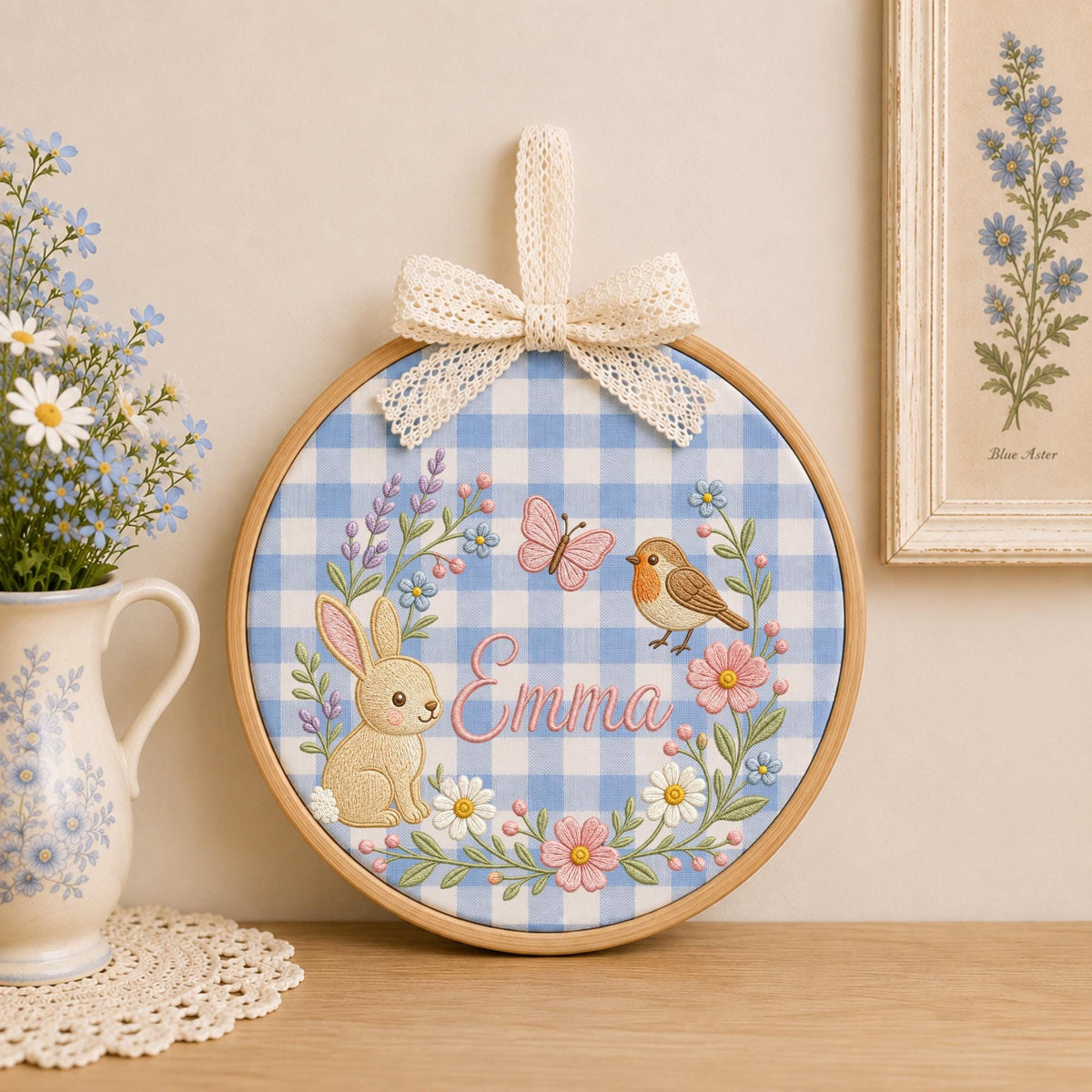 Personalized Embroidered Ornament, Bunny Name Hoop, Floral Woodland Nursery Decor, Baby Girl Gift, Rabbit Bird Butterfly Keepsake