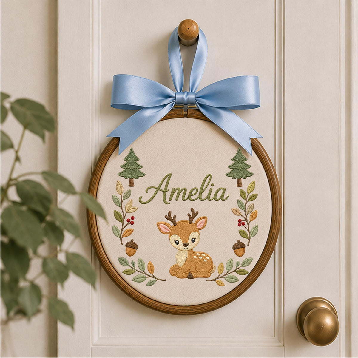 Personalized Embroidered Ornament, Woodland Deer Name Hoop, Baby Girl Nursery Decor, Forest Animal Baby Shower Gift, Newborn Keepsake