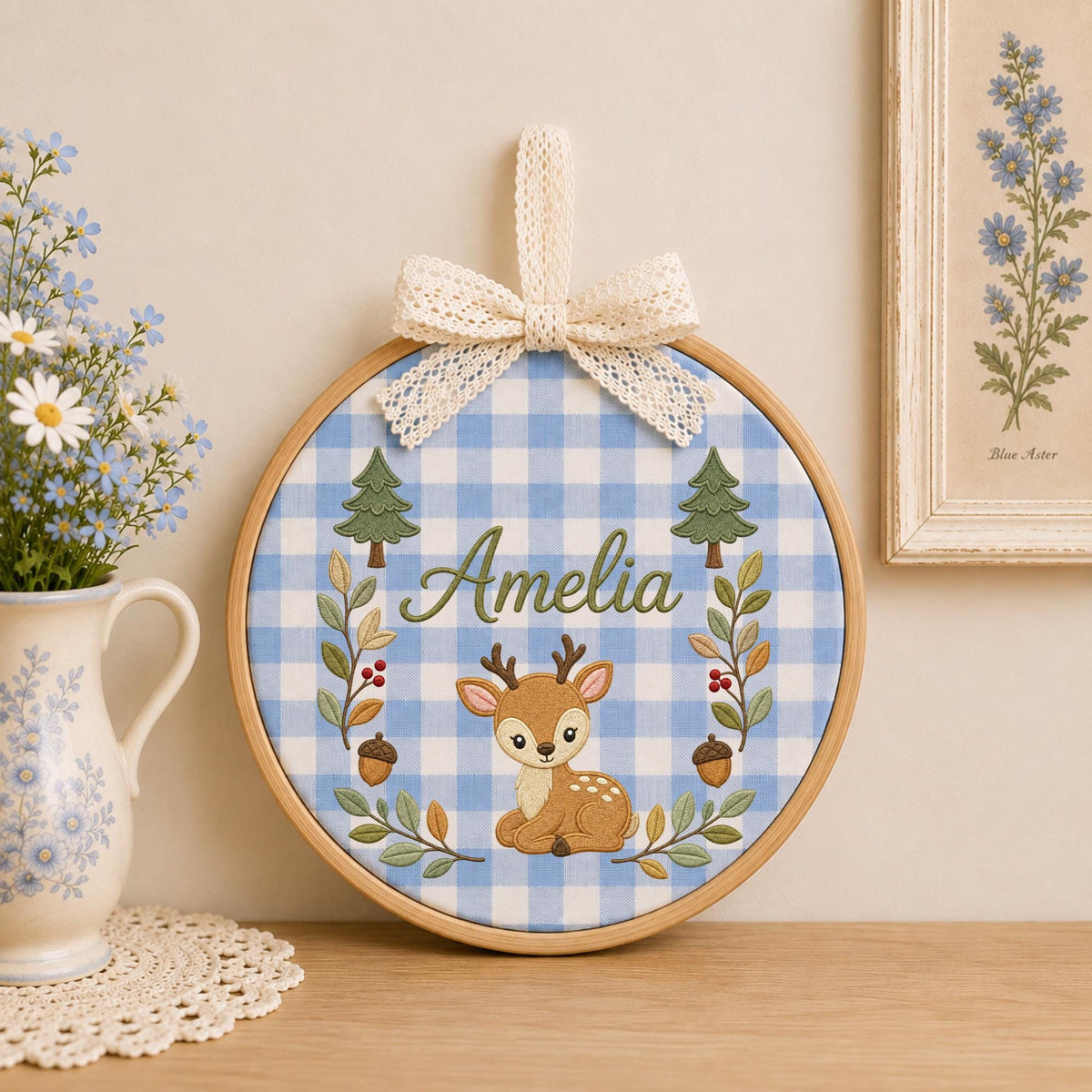 Personalized Embroidered Ornament, Woodland Deer Name Hoop, Baby Girl Nursery Decor, Forest Animal Baby Shower Gift, Newborn Keepsake
