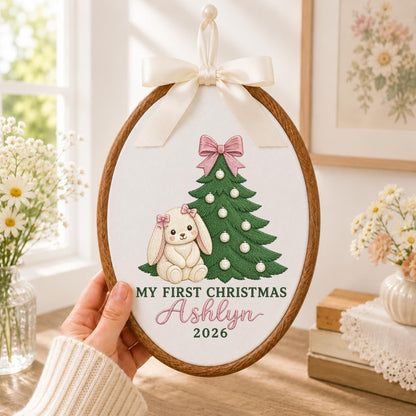 Personalized Embroidered Ornament, Baby First Christmas Bunny Hoop, Custom Name Christmas Decor, Newborn Holiday Keepsake Gift