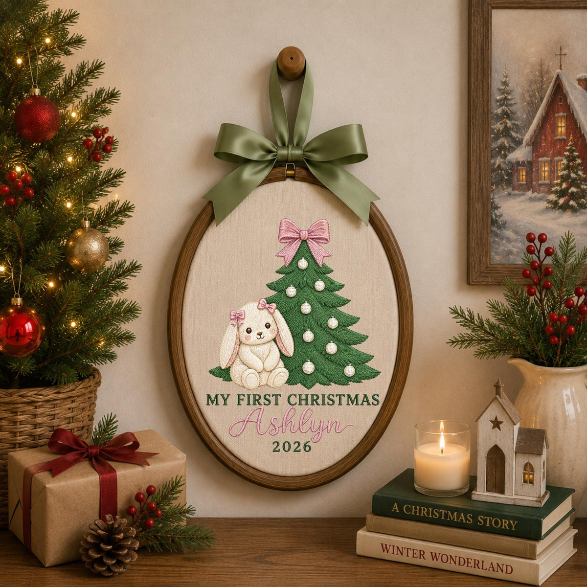 Personalized Embroidered Ornament, Baby First Christmas Bunny Hoop, Custom Name Christmas Decor, Newborn Holiday Keepsake Gift