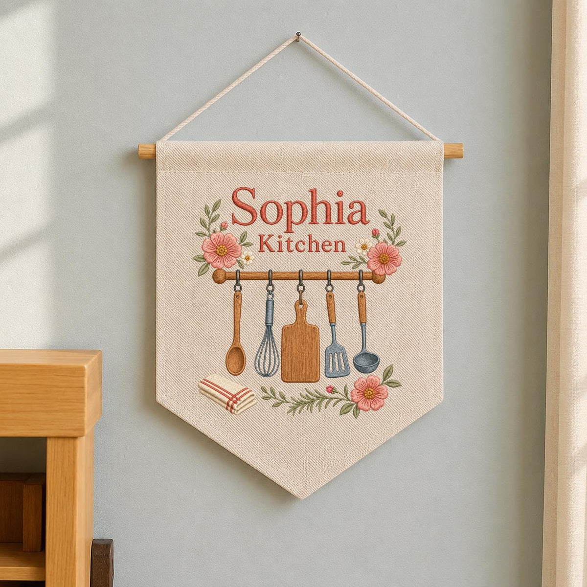 Personalized Kitchen Utensils Canvas Pennant Banner, Custom Name Embroidered Floral Kitchen Wall Sign, Housewarming Gift Decor