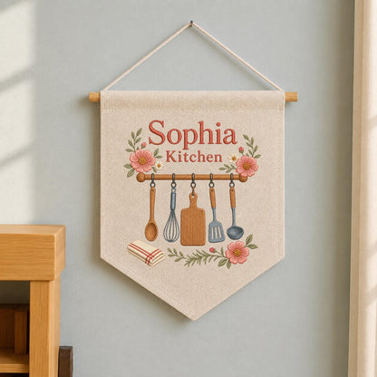 Personalized Kitchen Utensils Canvas Pennant Banner, Custom Name Embroidered Floral Kitchen Wall Sign, Housewarming Gift Decor