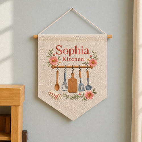 Personalized Kitchen Utensils Canvas Pennant Banner, Custom Name Embroidered Floral Kitchen Wall Sign, Housewarming Gift Decor
