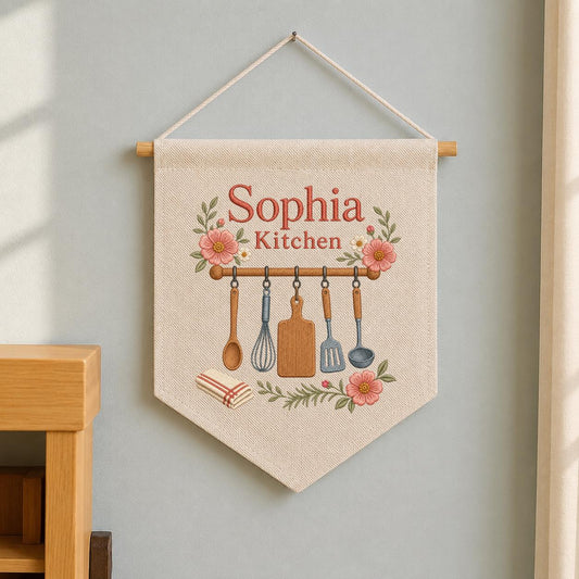 Personalized Kitchen Utensils Canvas Pennant Banner, Custom Name Embroidered Floral Kitchen Wall Sign, Housewarming Gift Decor