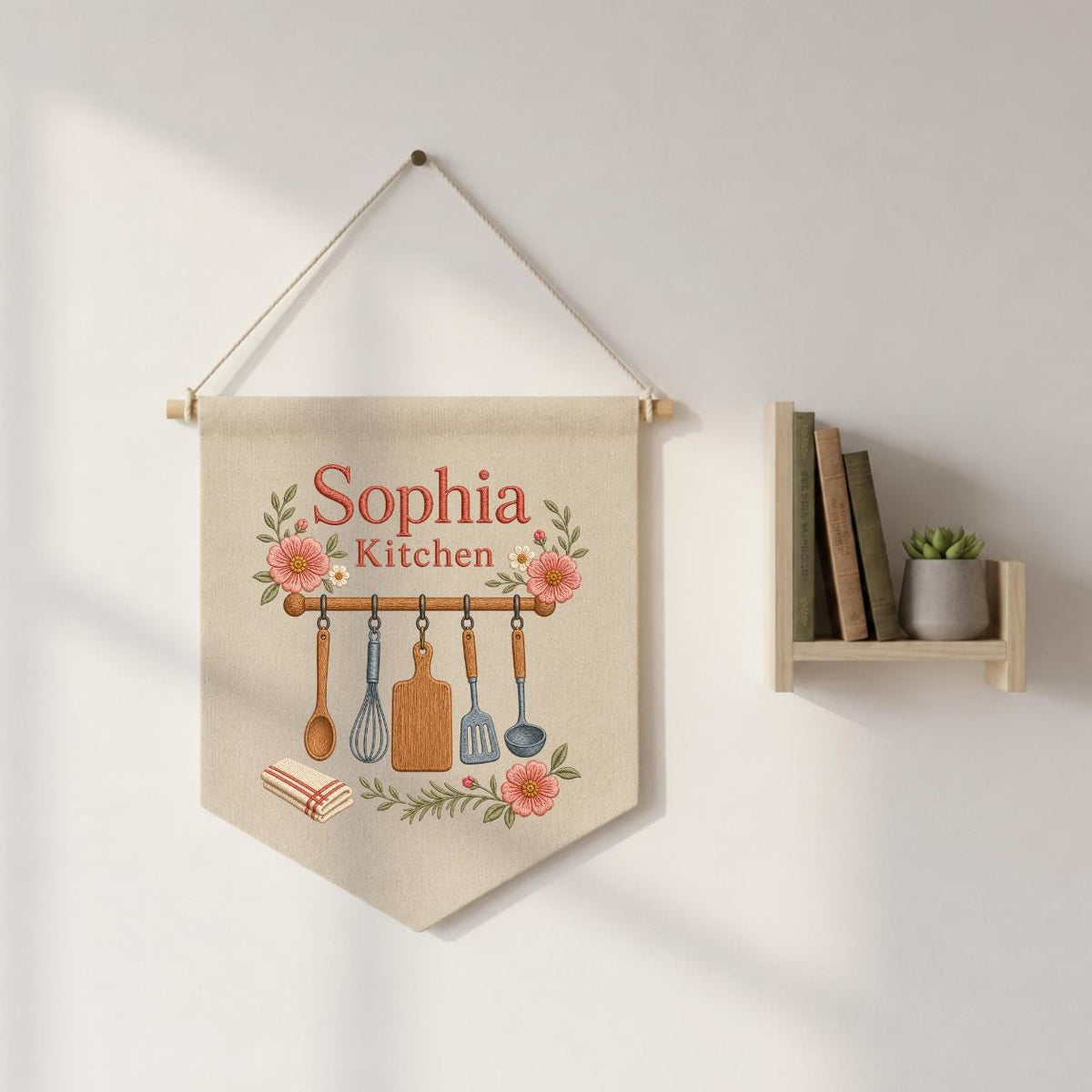 Personalized Kitchen Utensils Canvas Pennant Banner, Custom Name Embroidered Floral Kitchen Wall Sign, Housewarming Gift Decor