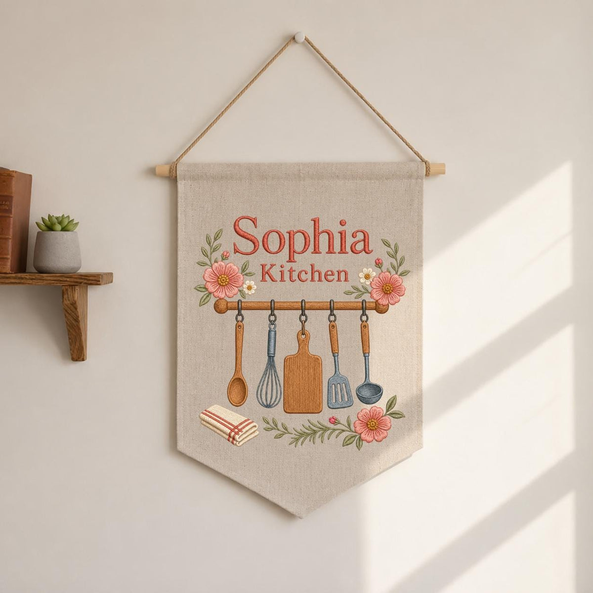Personalized Kitchen Utensils Canvas Pennant Banner, Custom Name Embroidered Floral Kitchen Wall Sign, Housewarming Gift Decor