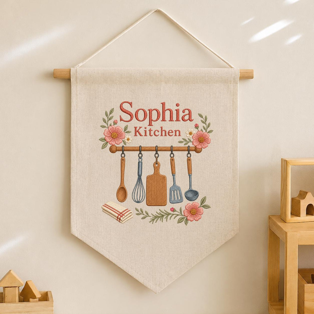 Personalized Kitchen Utensils Canvas Pennant Banner, Custom Name Embroidered Floral Kitchen Wall Sign, Housewarming Gift Decor