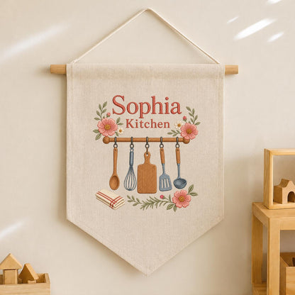 Personalized Kitchen Utensils Canvas Pennant Banner, Custom Name Embroidered Floral Kitchen Wall Sign, Housewarming Gift Decor