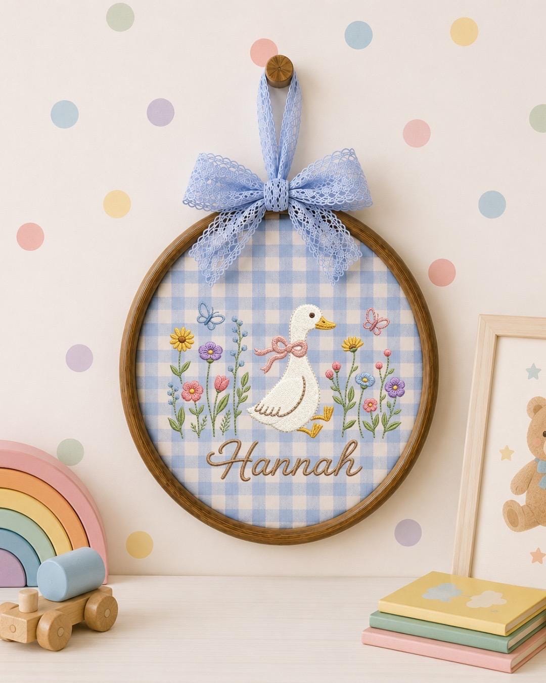 Personalized Embroidered Goose Ornament, Custom Name Nursery Decor, Baby Girl Gift, Floral Duck Embroidered Ornament, Personalized Baby