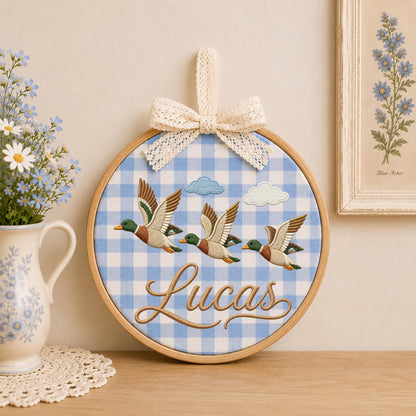 Personalized Embroidered Ornament, Mallard Duck Name Hoop, Flying Duck Nursery Decor, Baby Boy Wall Art, Duck Hunter Gift, Keepsake
