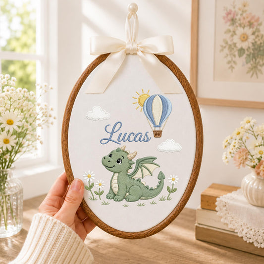 Personalized Embroidered Ornament, Dragon Name Hoop, Hot Air Balloon Baby Boy Nursery Decor, Fantasy Baby Shower Gift, Newborn Keepsake