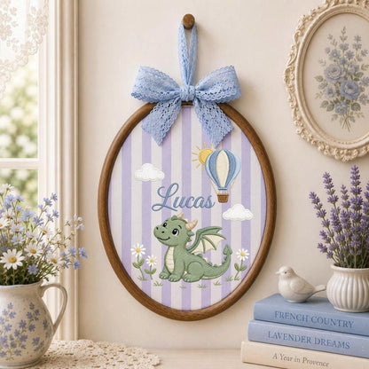 Personalized Embroidered Ornament, Dragon Name Hoop, Hot Air Balloon Baby Boy Nursery Decor, Fantasy Baby Shower Gift, Newborn Keepsake