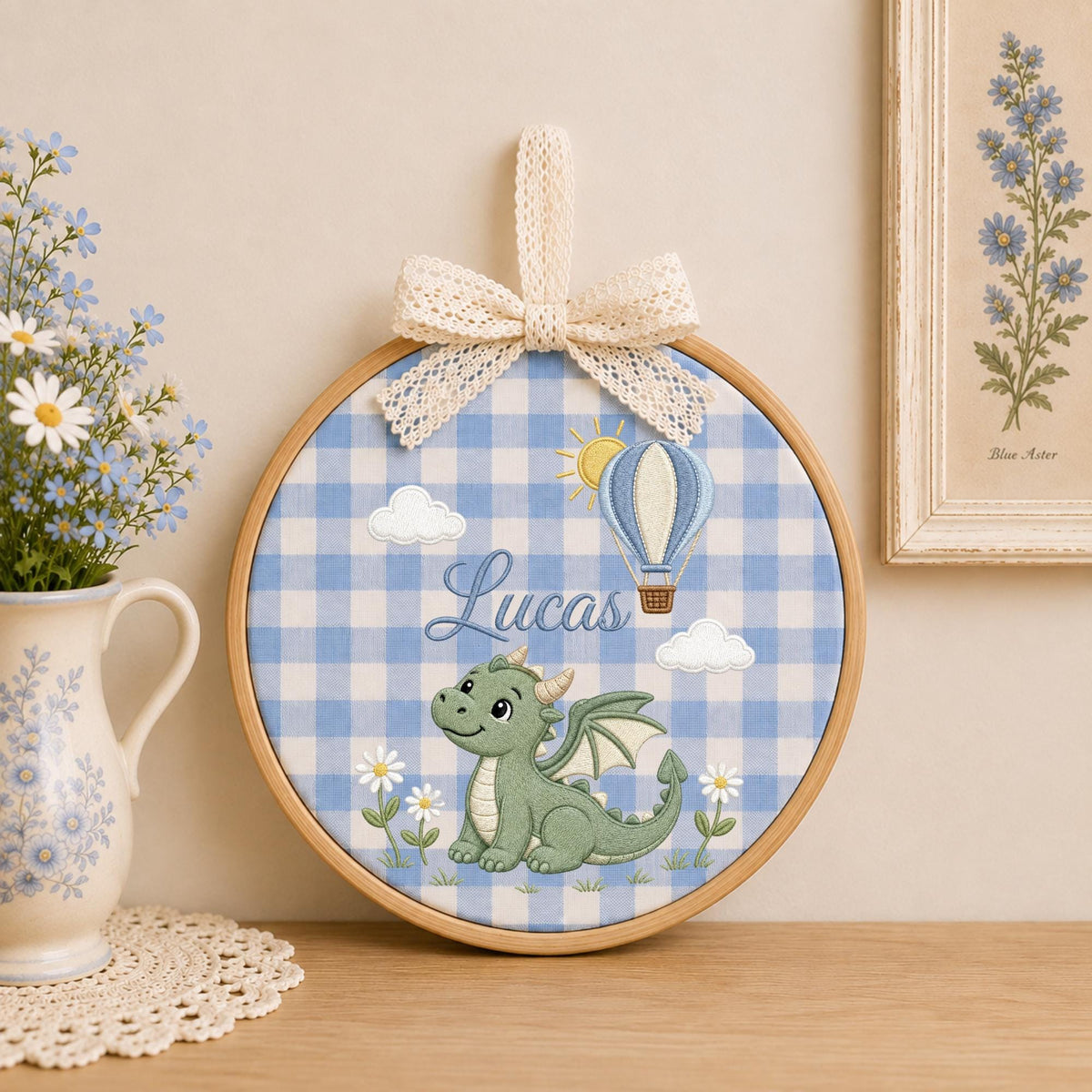 Personalized Embroidered Ornament, Dragon Name Hoop, Hot Air Balloon Baby Boy Nursery Decor, Fantasy Baby Shower Gift, Newborn Keepsake