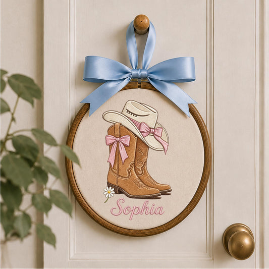 Personalized Embroidered Ornament, Cowgirl Name Hoop, Western Baby Girl Nursery Decor, Cowboy Boots Wall Art, Baby Shower Keepsake