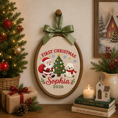 Personalized Embroidered First Christmas Ornament, Custom Name Santa Teddy Bear Christmas Decor, Baby First Christmas 2026 Keepsake