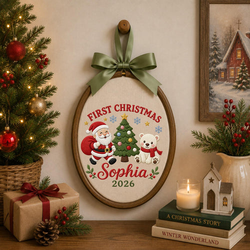 Personalized Embroidered First Christmas Ornament, Custom Name Santa Teddy Bear Christmas Decor, Baby First Christmas 2026 Keepsake