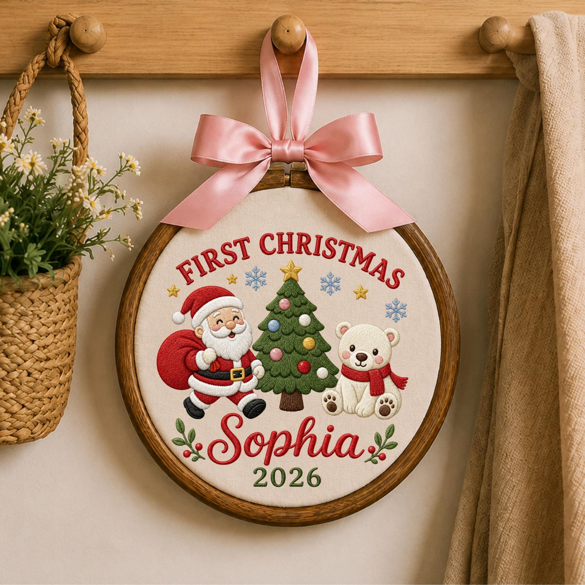 Personalized Embroidered First Christmas Ornament, Custom Name Santa Teddy Bear Christmas Decor, Baby First Christmas 2026 Keepsake