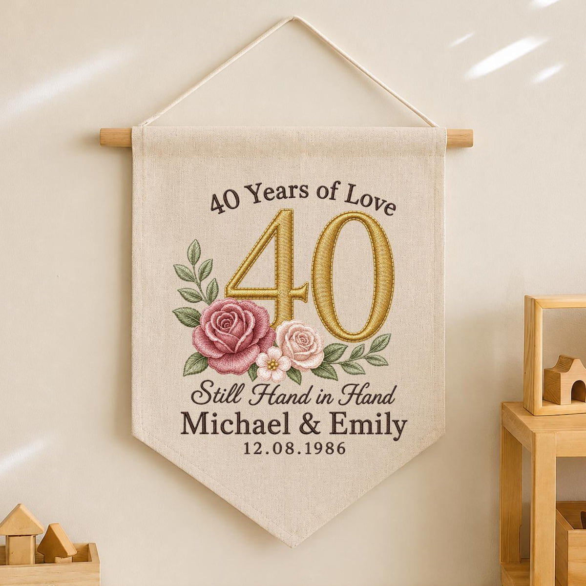 Personalized 40th Wedding Anniversary Canvas Pennant Banner, Custom Name Date Embroidered 40 Years of Love Floral Rose Wall Hanging Sign
