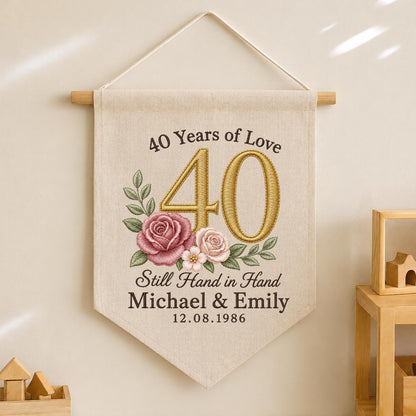 Personalized 40th Wedding Anniversary Canvas Pennant Banner, Custom Name Date Embroidered 40 Years of Love Floral Rose Wall Hanging Sign