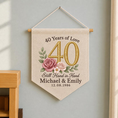 Personalized 40th Wedding Anniversary Canvas Pennant Banner, Custom Name Date Embroidered 40 Years of Love Floral Rose Wall Hanging Sign