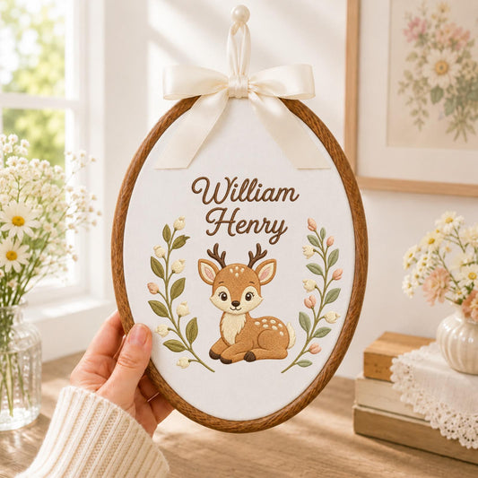 Personalized Embroidered Ornament, Woodland Deer Name Hoop, Baby Boy Nursery Decor, Forest Animal Baby Shower Gift, Newborn Keepsake