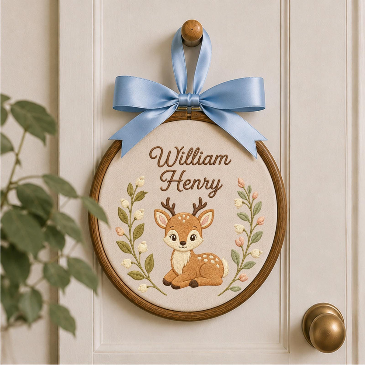 Personalized Embroidered Ornament, Woodland Deer Name Hoop, Baby Boy Nursery Decor, Forest Animal Baby Shower Gift, Newborn Keepsake