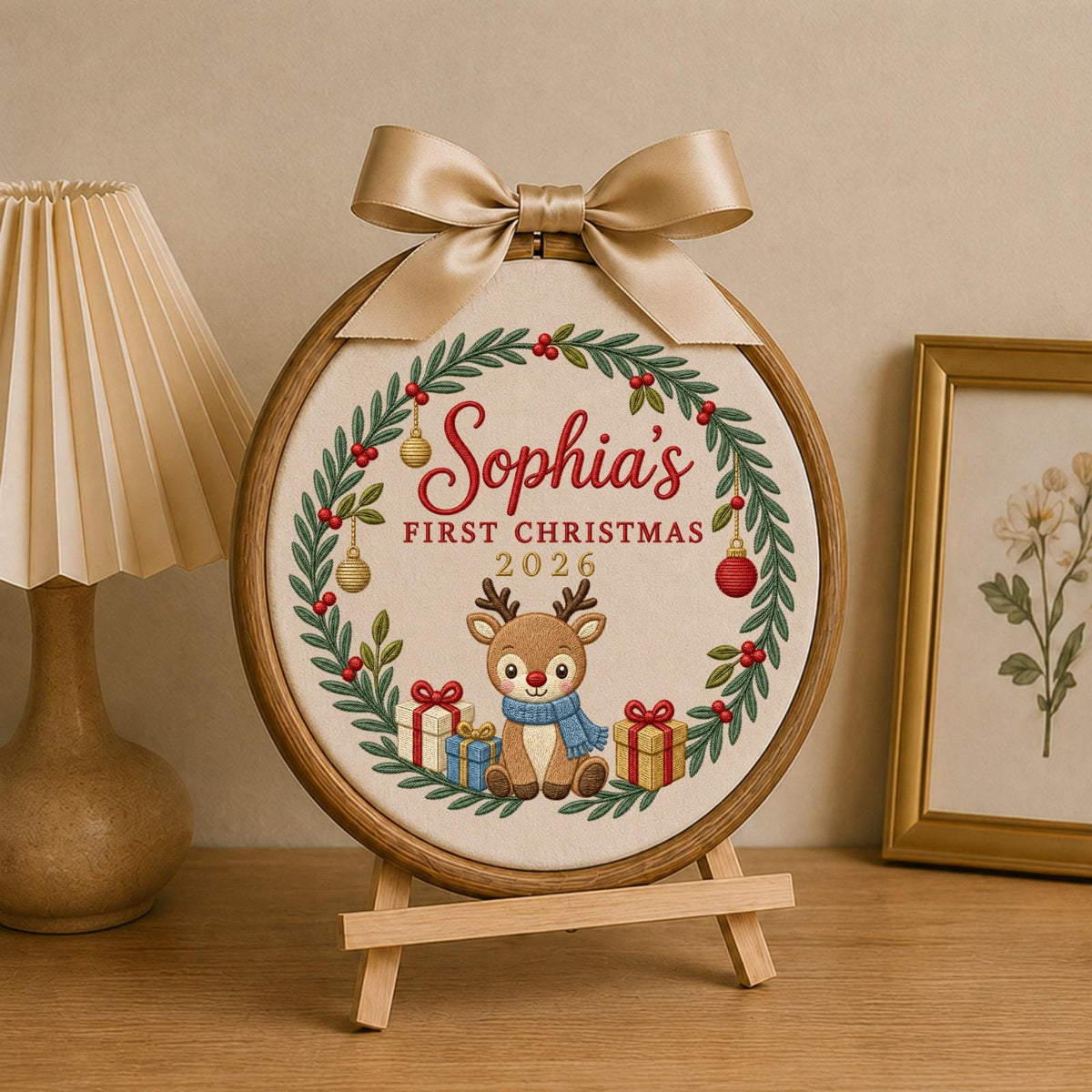 Personalized Embroidered Ornament, Baby First Christmas Reindeer Hoop, Custom Name Christmas Decor, Newborn Holiday Keepsake