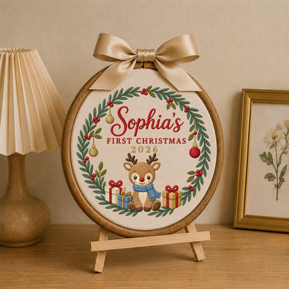 Personalized Embroidered Ornament, Baby First Christmas Reindeer Hoop, Custom Name Christmas Decor, Newborn Holiday Keepsake
