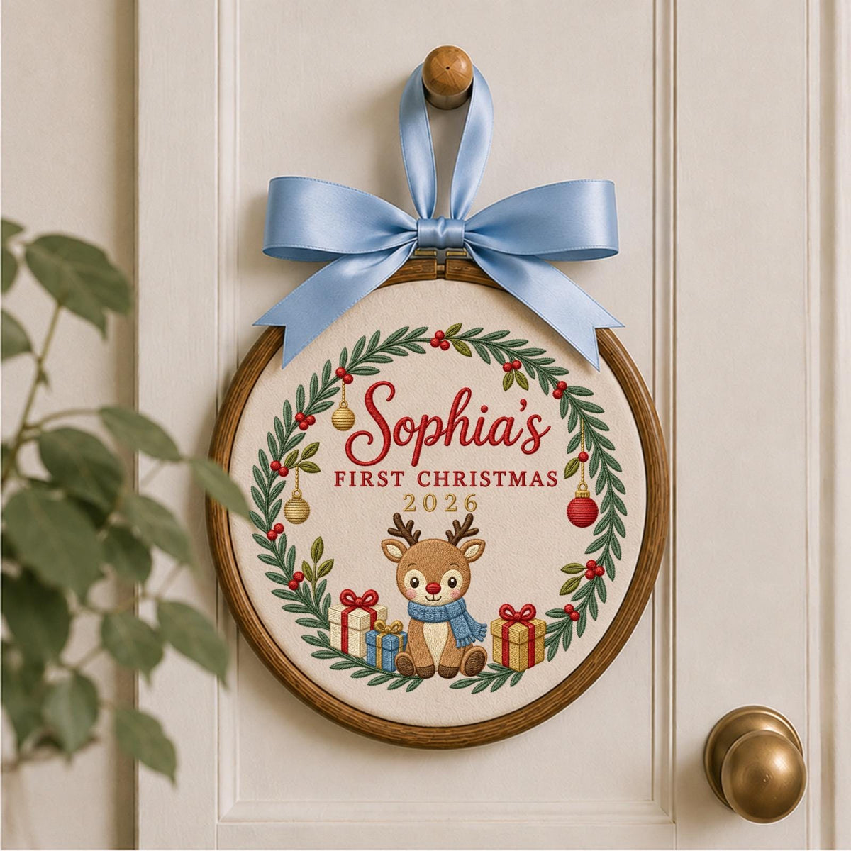 Personalized Embroidered Ornament, Baby First Christmas Reindeer Hoop, Custom Name Christmas Decor, Newborn Holiday Keepsake