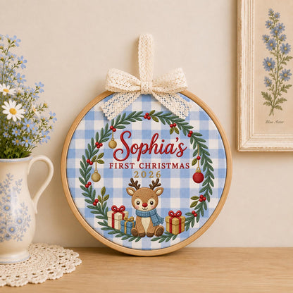Personalized Embroidered Ornament, Baby First Christmas Reindeer Hoop, Custom Name Christmas Decor, Newborn Holiday Keepsake