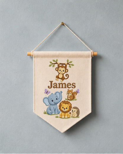 Personalized Safari Animal Wall Hanging, Custom Name Embroidered Banner, Jungle Nursery Decor, Baby Boy Room Gift, Woodland Animal Art
