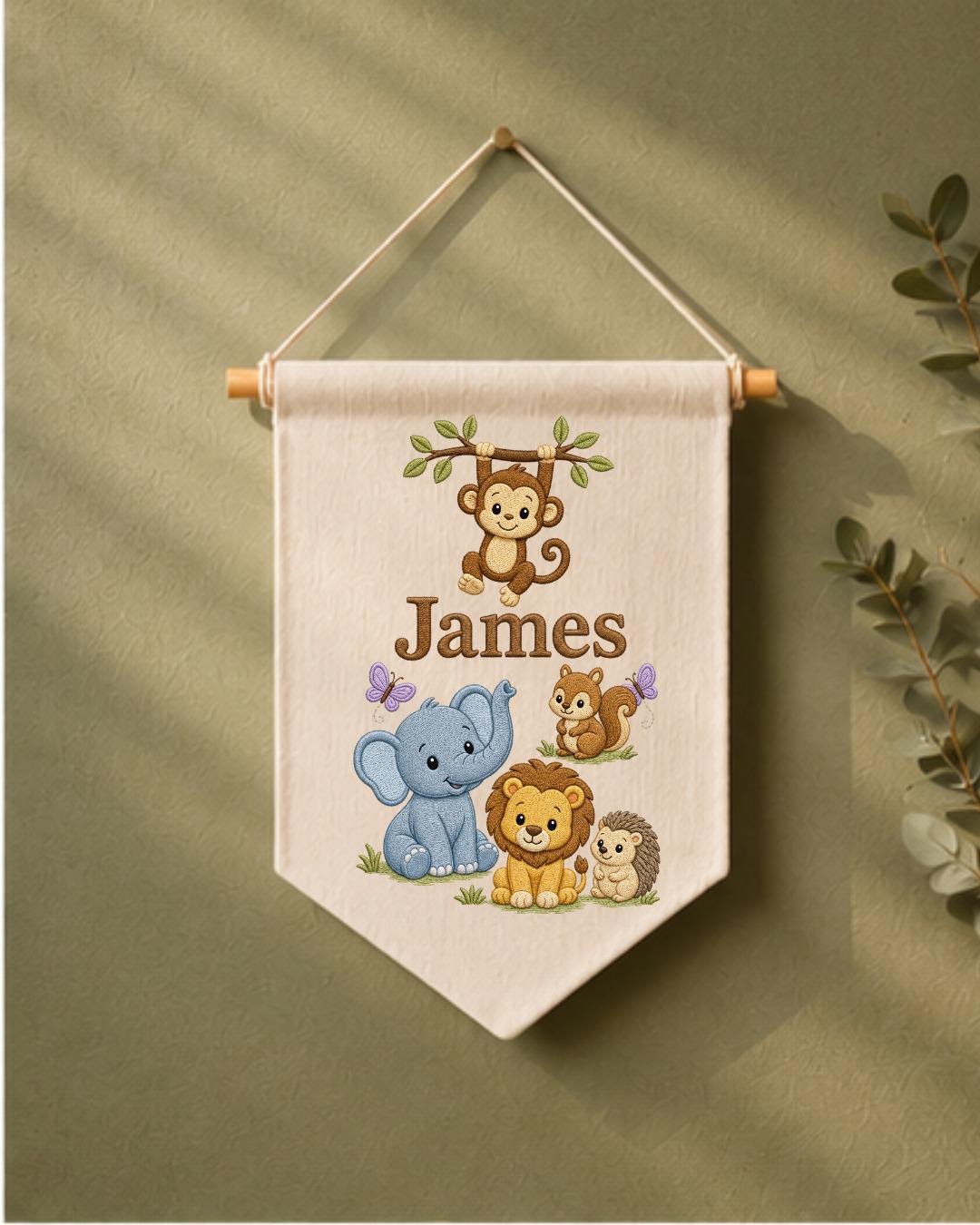 Personalized Safari Animal Wall Hanging, Custom Name Embroidered Banner, Jungle Nursery Decor, Baby Boy Room Gift, Woodland Animal Art