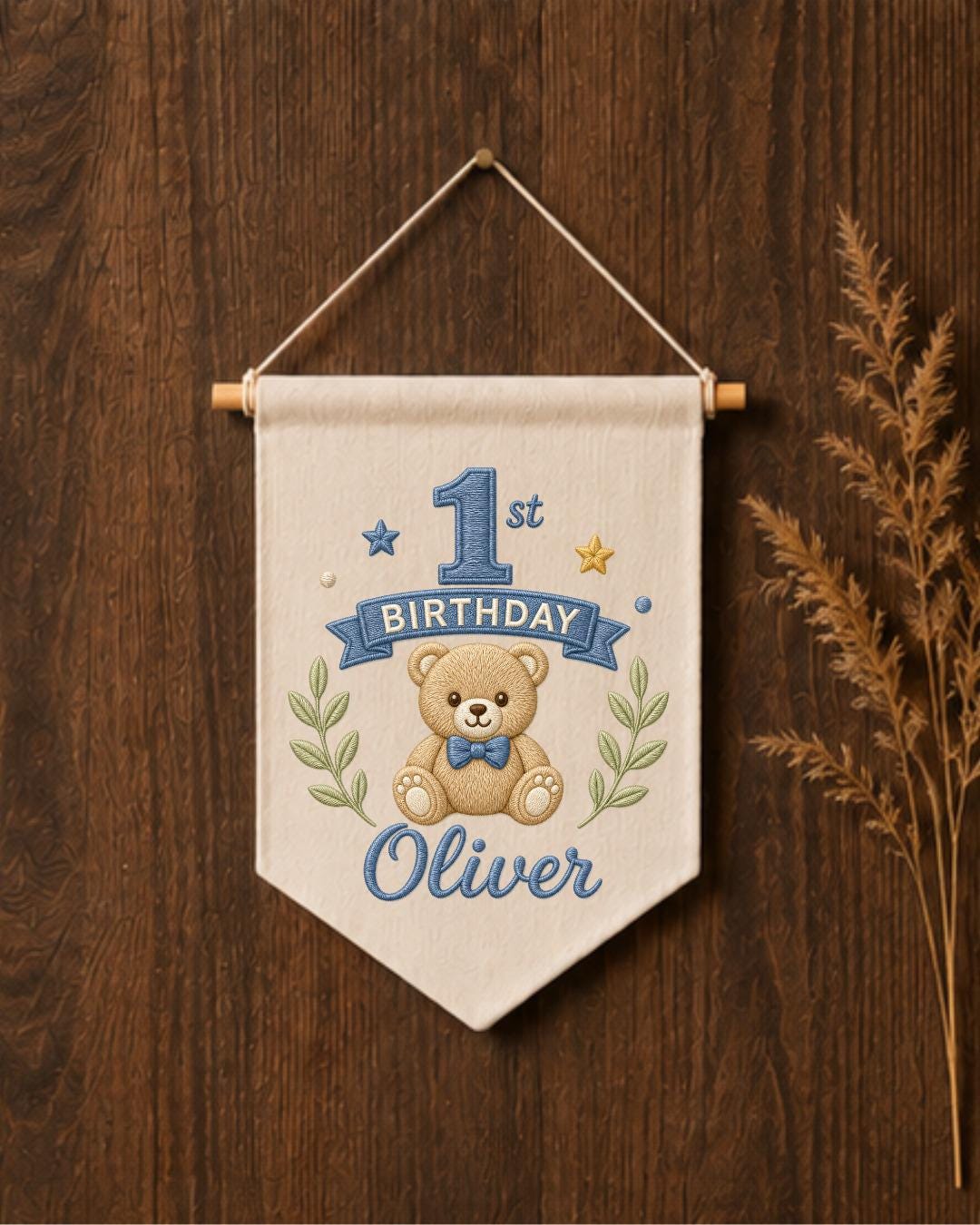Personalized First Birthday Wall Hanging, Custom Name Embroidered Teddy Bear Banner, Baby Boy 1st Birthday Decor, Birthday Keepsake Gift