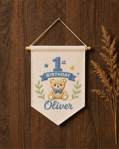 Personalized First Birthday Wall Hanging, Custom Name Embroidered Teddy Bear Banner, Baby Boy 1st Birthday Decor, Birthday Keepsake Gift