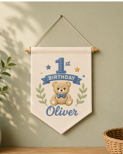 Personalized First Birthday Wall Hanging, Custom Name Embroidered Teddy Bear Banner, Baby Boy 1st Birthday Decor, Birthday Keepsake Gift