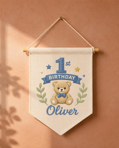 Personalized First Birthday Wall Hanging, Custom Name Embroidered Teddy Bear Banner, Baby Boy 1st Birthday Decor, Birthday Keepsake Gift