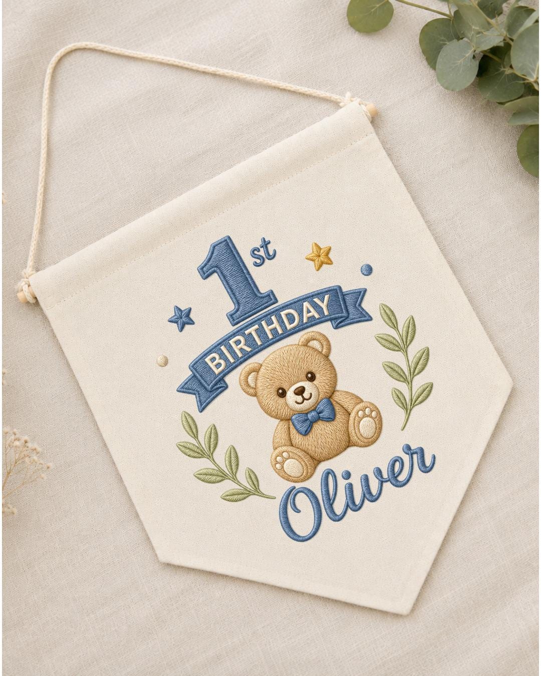 Personalized First Birthday Wall Hanging, Custom Name Embroidered Teddy Bear Banner, Baby Boy 1st Birthday Decor, Birthday Keepsake Gift
